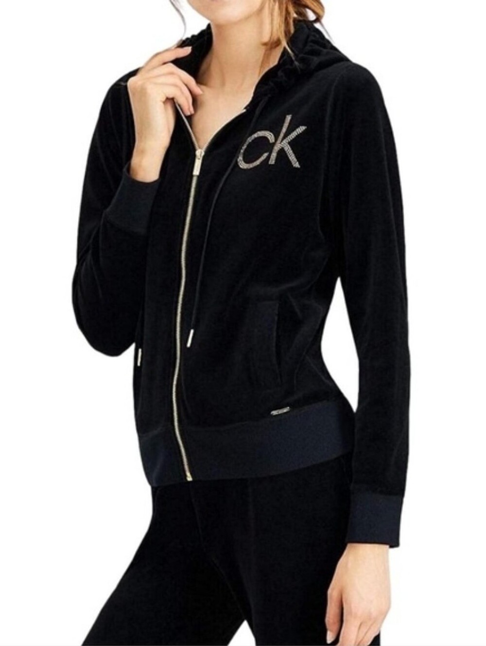 Calvin Klein Black Velour Hooded Zip Jacket with Rhinestone CK